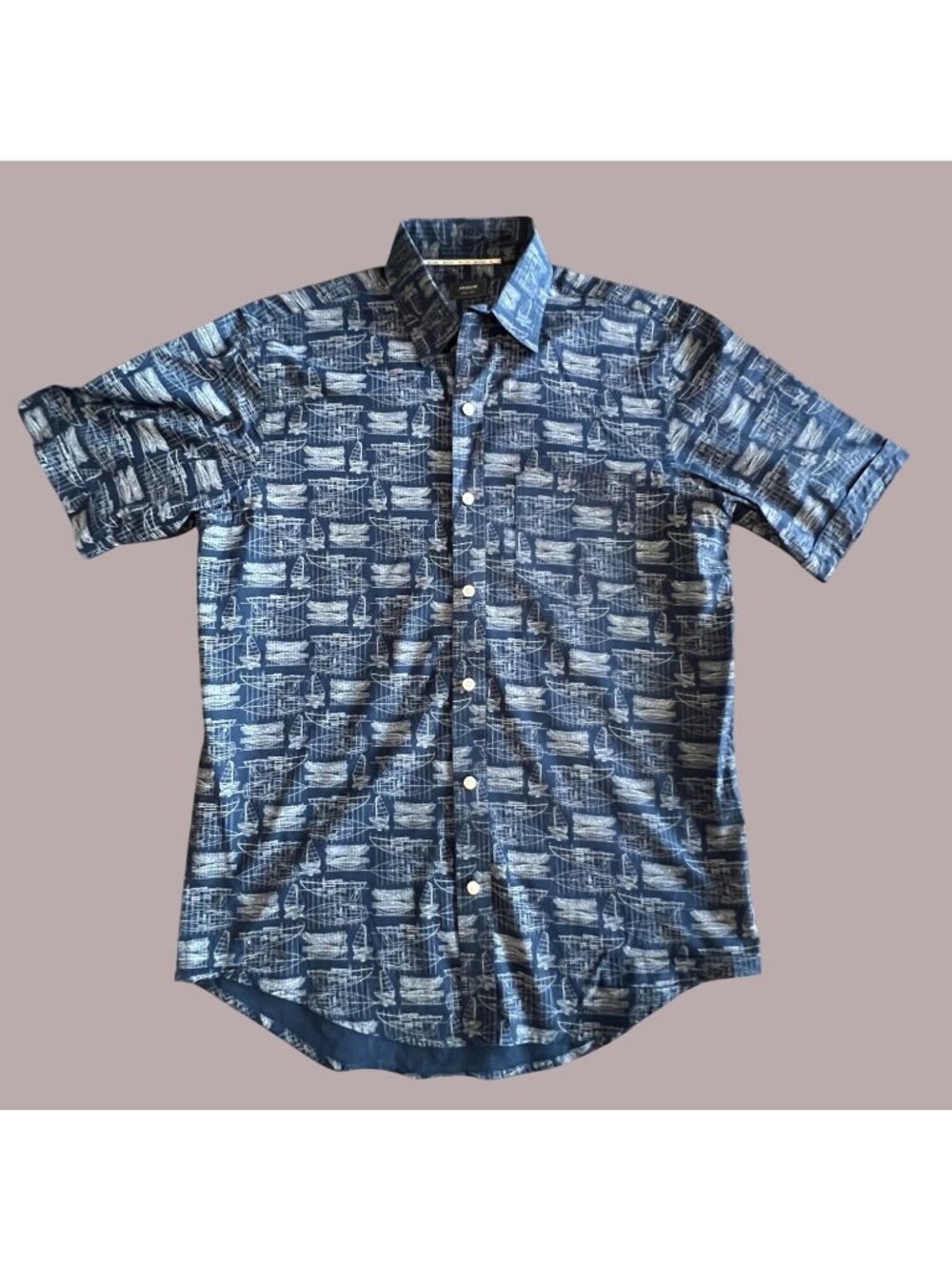 Arrow Mens Short Sleeve Button-Down Shirt Navy Blueprint Pattern Size S Cotton-P
